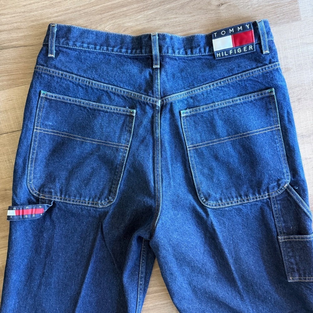 Vintage Tommy Hilfiger Carpenter Jeans Mens 36x34 Dark Wash 90s Flag Logo Denim